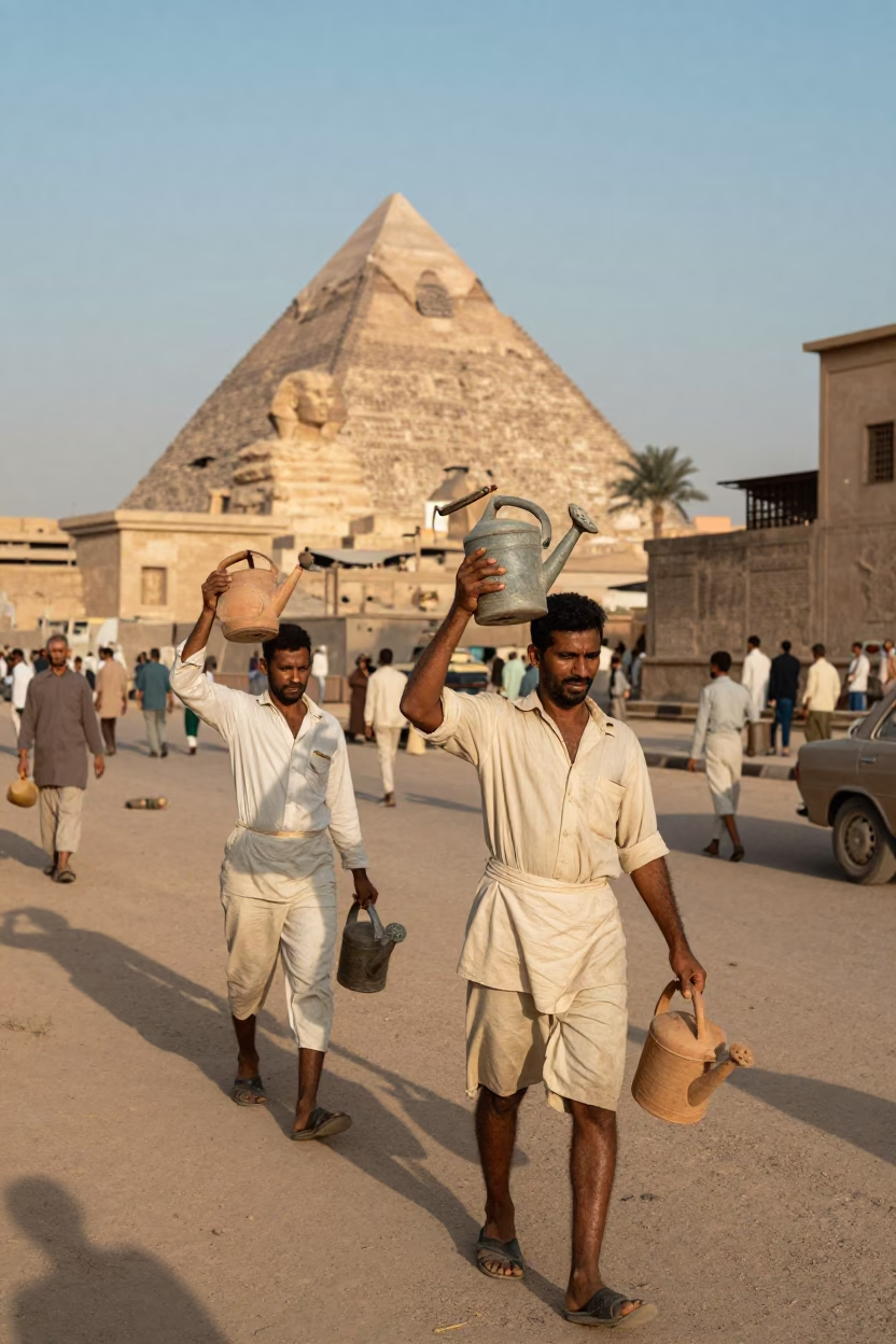 Busy 1950s Luxor Egypt Street Scene with Watering Cans and Local Life in in Luxor, Egypt