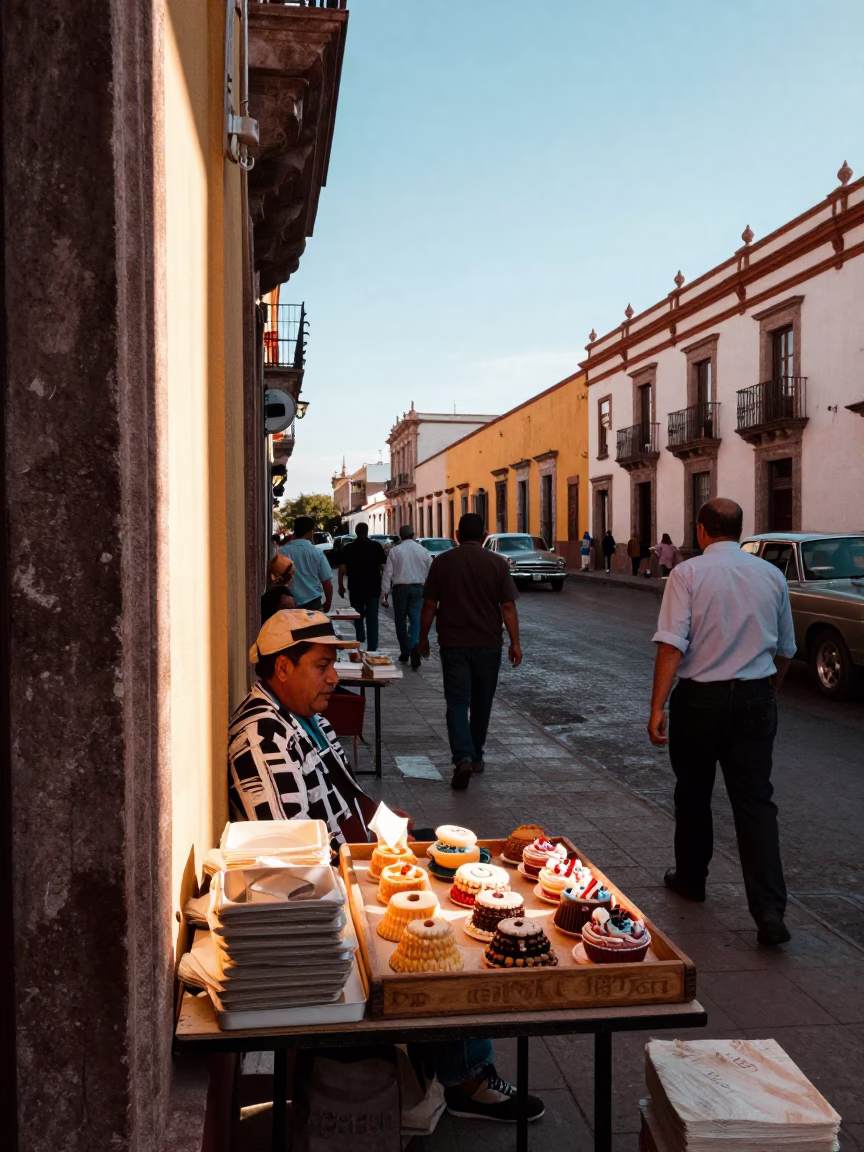 Busy 1950s Merida Street Scene with Window Light and Linen Fringe Details in in Merida, Mexico