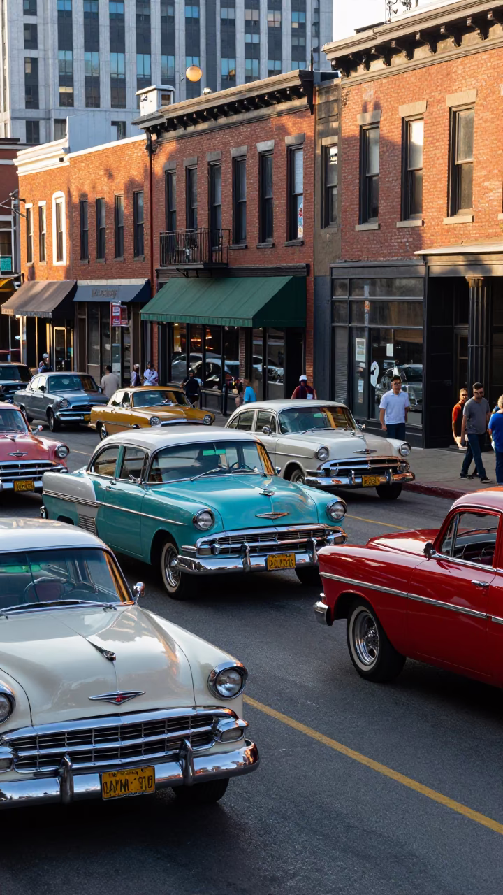 Busy 1950s Nashville Street Scene with Vintage Cars and Pedestrians in Early Afternoon Sun in in Nashville, Tennessee, United States