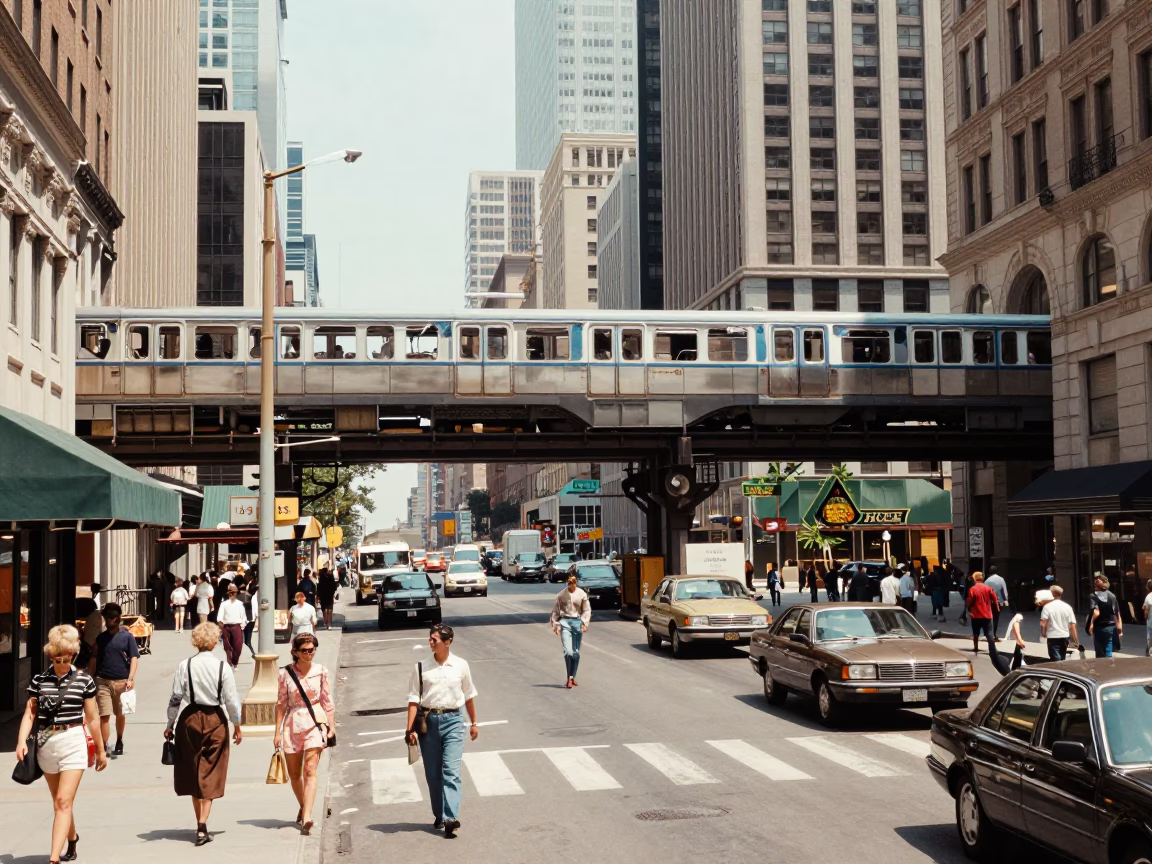 Busy 1950s New York City Street Scene with Monorail and Brass Details in in New York, New York, United States