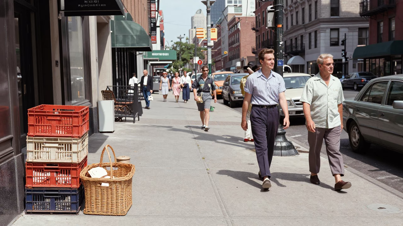 Busy 1950s New York Street Scene with Crate and Wicker Shadow in in New York, New York, United States