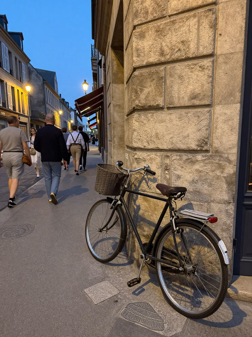 Busy 1950s Nice Street Scene with Vintage Bicycle Basket and Water Rings on Bench in in Nice, France