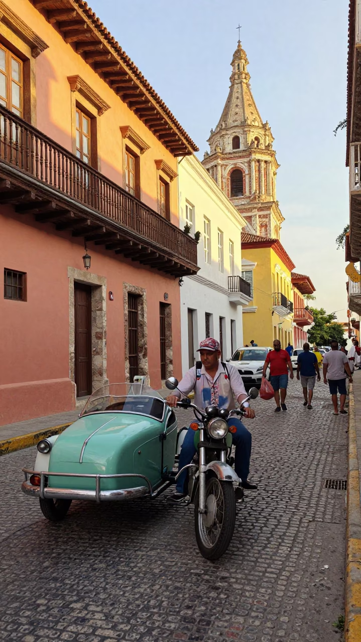 Busy 1950s Street Scene in Cartagena Colombia Late Afternoon with Vintage Motorcycle in in Cartagena, Colombia