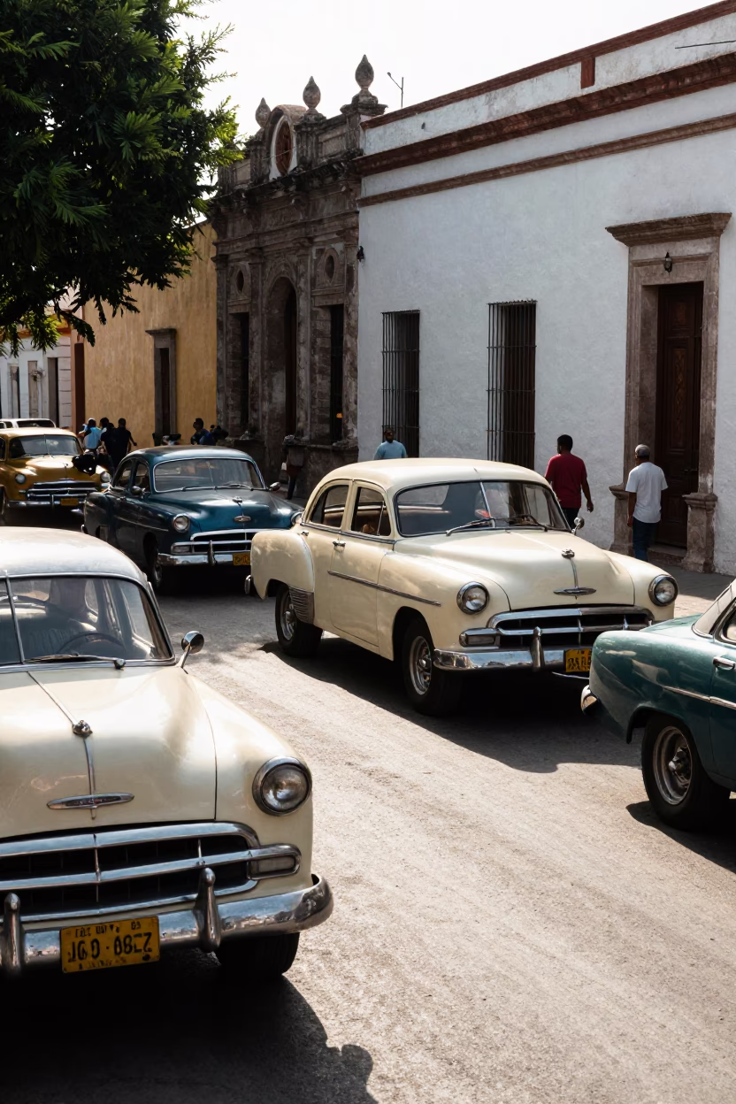 Busy 1950s Street Scene in Merida Mexico with Vintage Cars and Locals in in Merida, Mexico