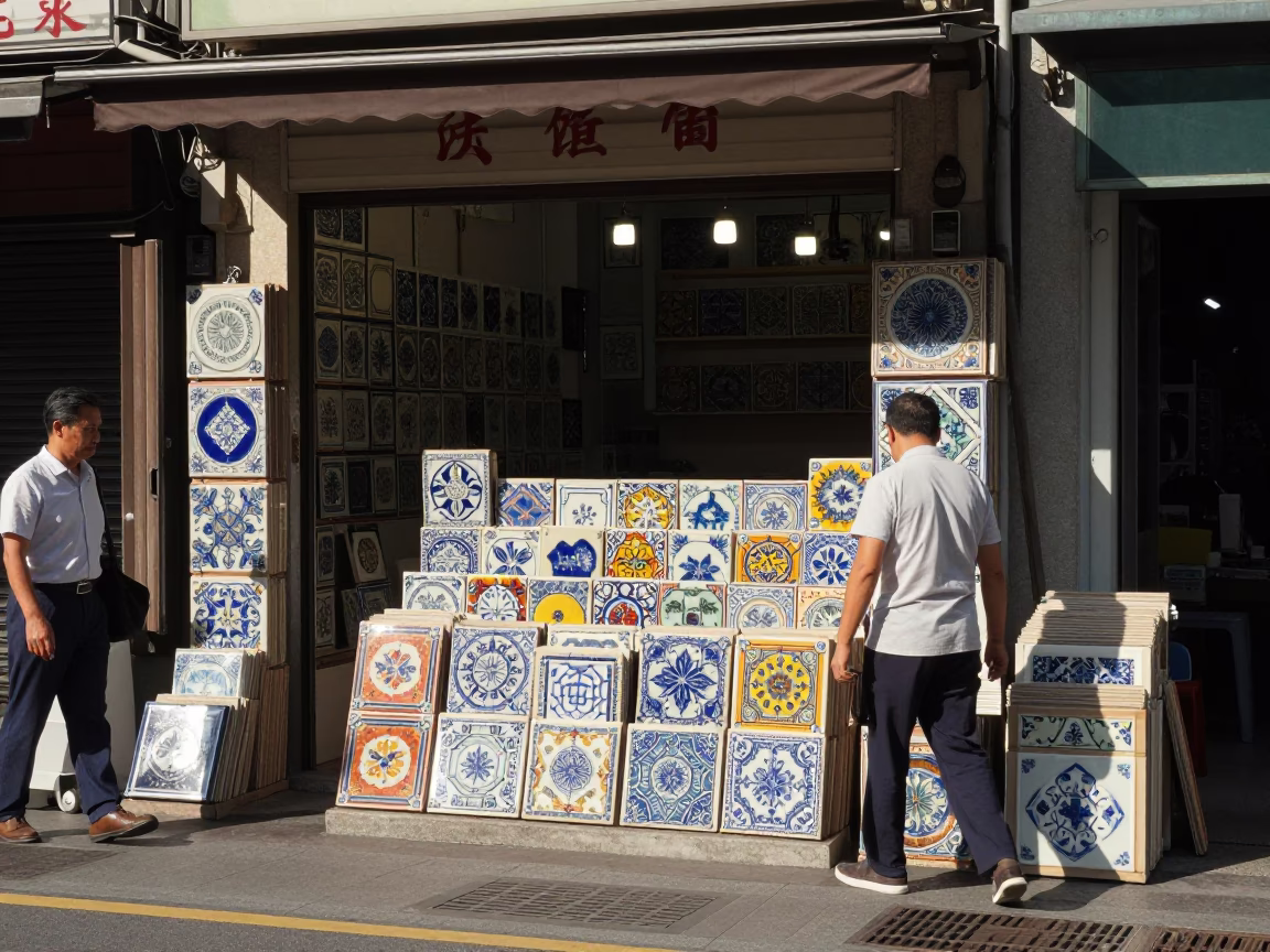 Busy 1950s Taipei Street Scene with Ceramic Tiles and Ivy Vines in in Taipei, Taiwan