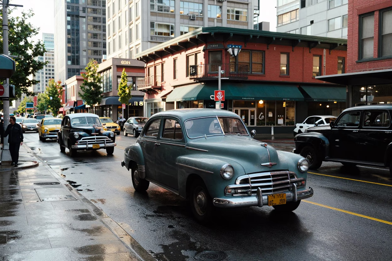 Busy 1950s Vancouver Street Corner with Vintage Cars and Pedestrians in Early Afternoon Light in in Vancouver, British Columbia, Canada