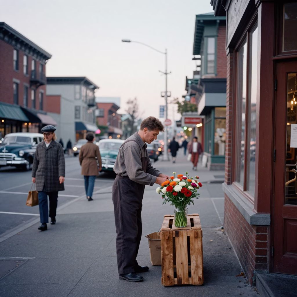 Busy 1950s Vancouver Street Scene Early Morning with Vintage Cars and Pedestrians in in Vancouver, British Columbia, Canada