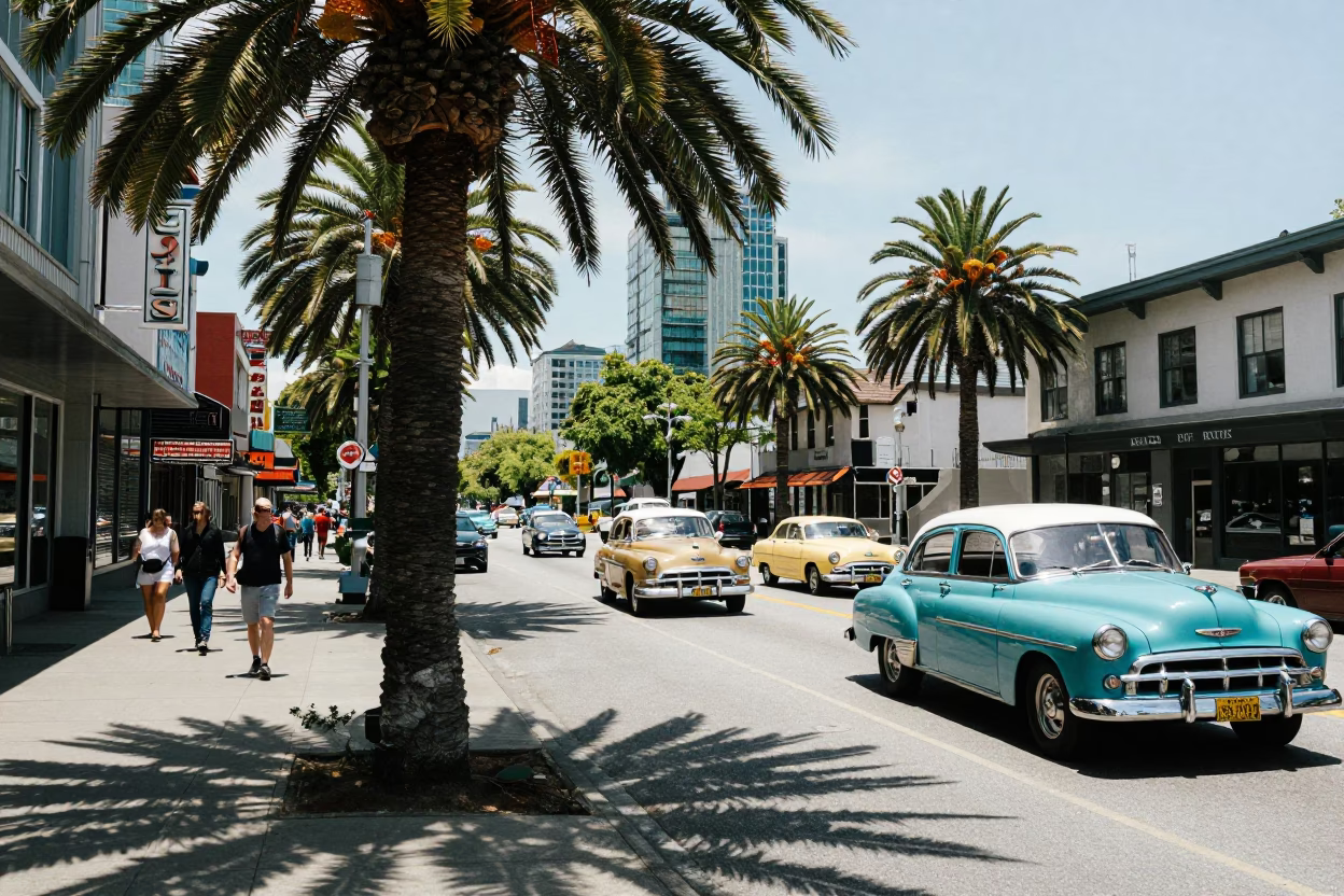 Busy 1950s Vancouver Street Scene with Palm Trees and Vintage Vehicles in in Vancouver, British Columbia, Canada