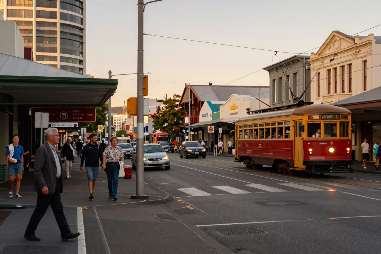 Busy 1950s Wellington Street Scene with Honeyed Evening Light and Local Commerce in in Wellington, New Zealand