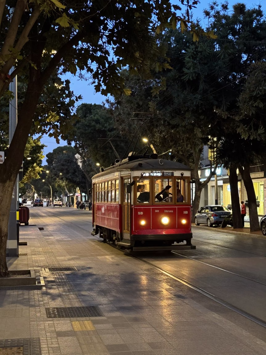 Busy 1960s Alexandria Egypt Tramcar on Tree Lined Boulevard Evening Street Scene in in Alexandria, Egypt
