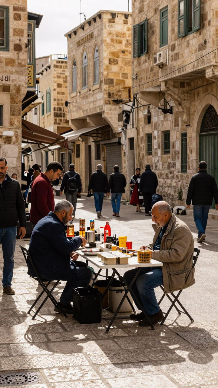 Busy 1960s Amman Street Scene with Folding Tables and Local Commerce in in Amman, Jordan