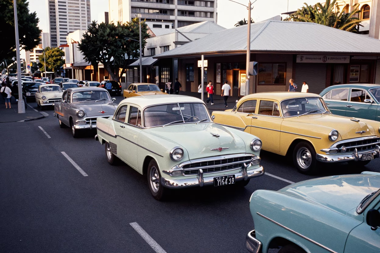 Busy 1960s Auckland street scene with vintage cars and pedestrians in late afternoon light in in Auckland, New Zealand