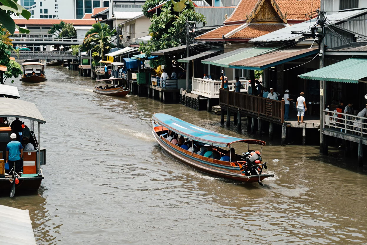 Busy 1960s Bangkok Street Scene with Canal Waterway and Traditional Wooden Architecture in in Bangkok, Thailand