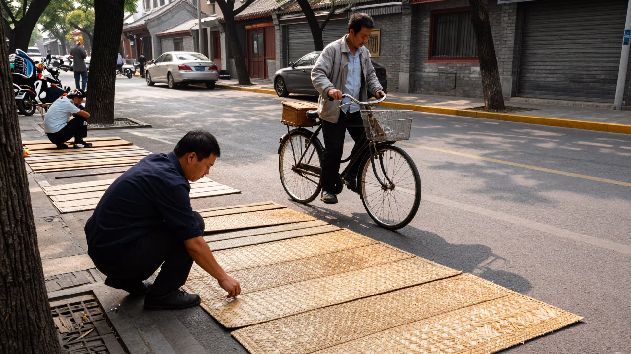 Busy 1960s Beijing Street Scene with Bicycle Basket and Woven Mats in in Beijing, China
