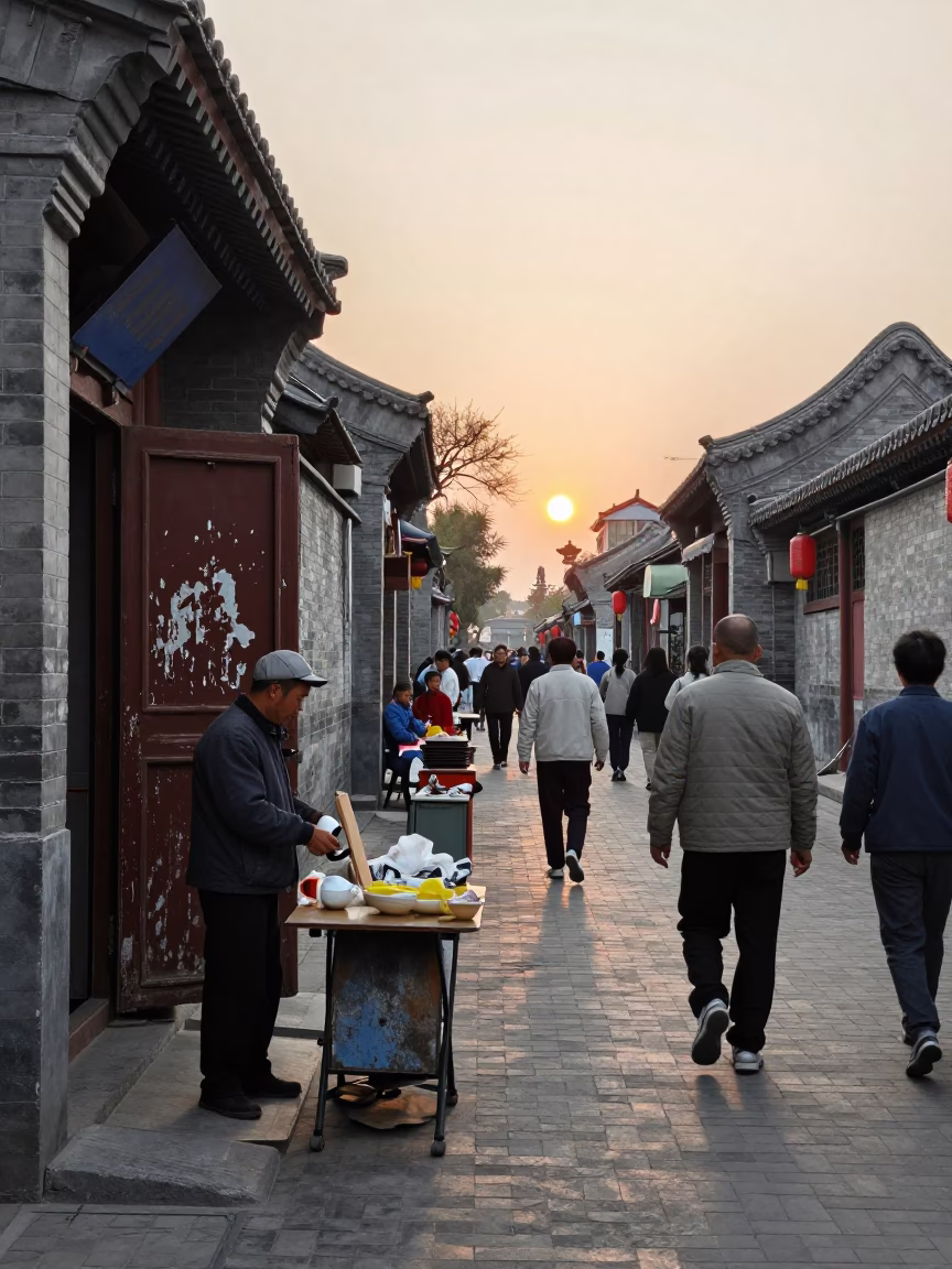 Busy 1960s Beijing Street Scene with Vendor and Traditional Gate Handle at Sunset in in Beijing, China