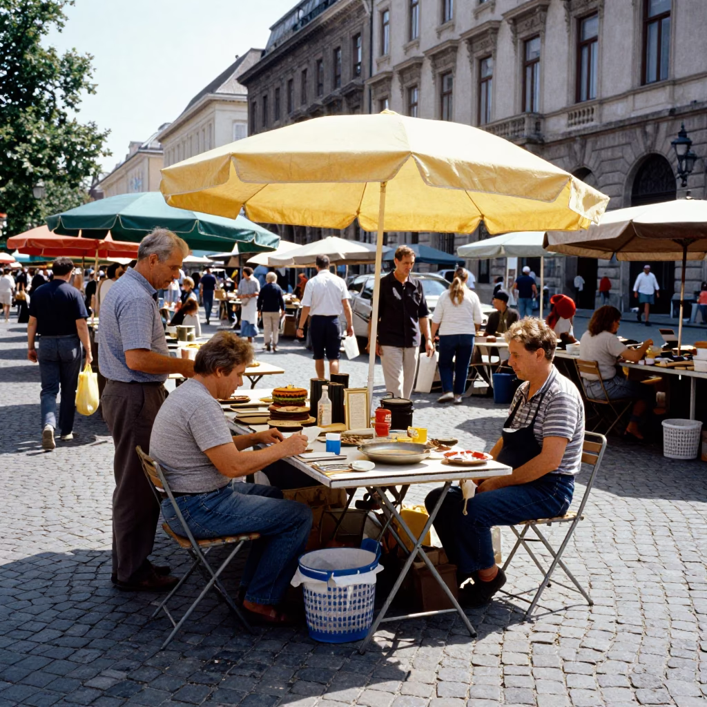 Busy 1960s Budapest Market Stall with Folding Tables and Local Vendors in in Budapest, Hungary
