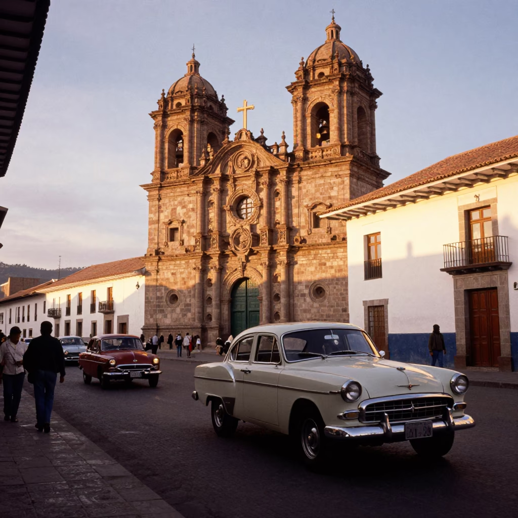 Busy 1960s Cusco Street Scene with Vintage Car and Local Shoe Shine Detail in in Cusco, Peru