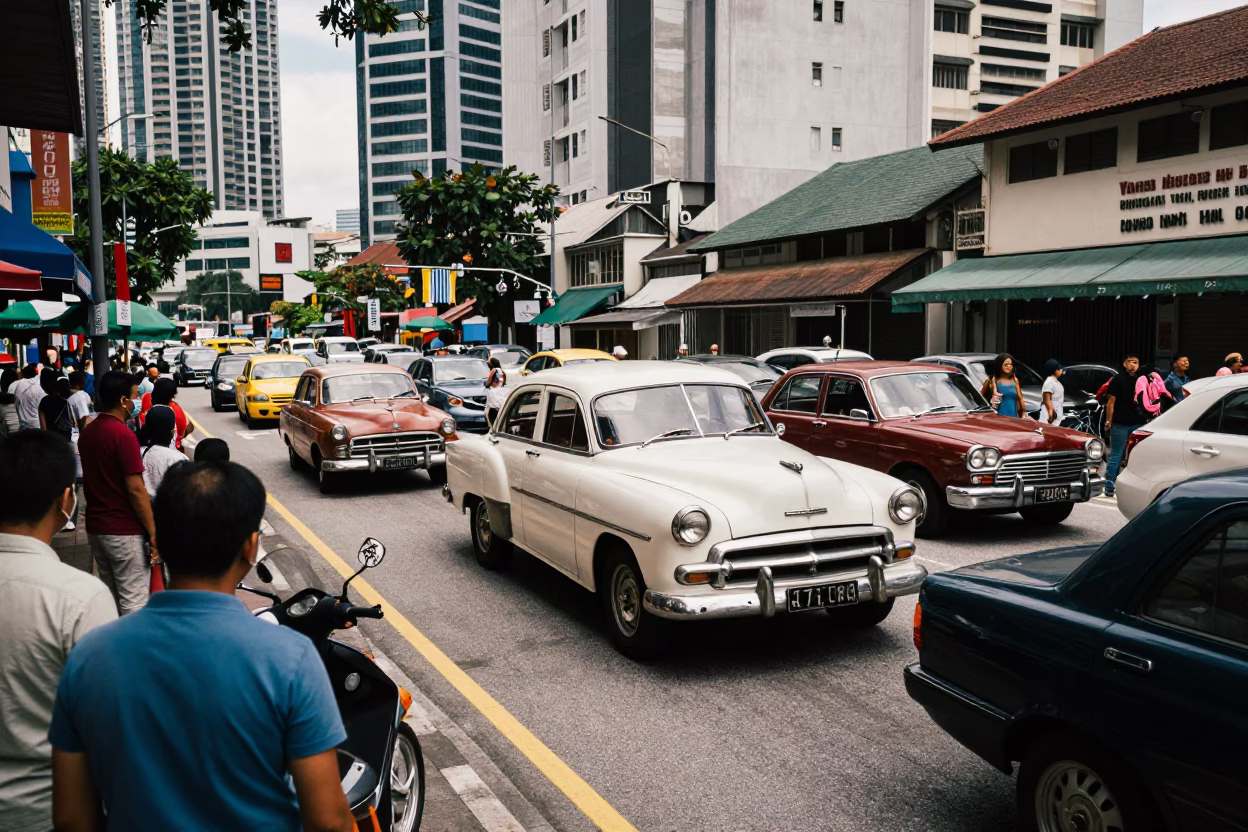 Busy 1960s Kuala Lumpur Street Scene with Vintage Cars and Local Market Activity in in Kuala Lumpur, Malaysia