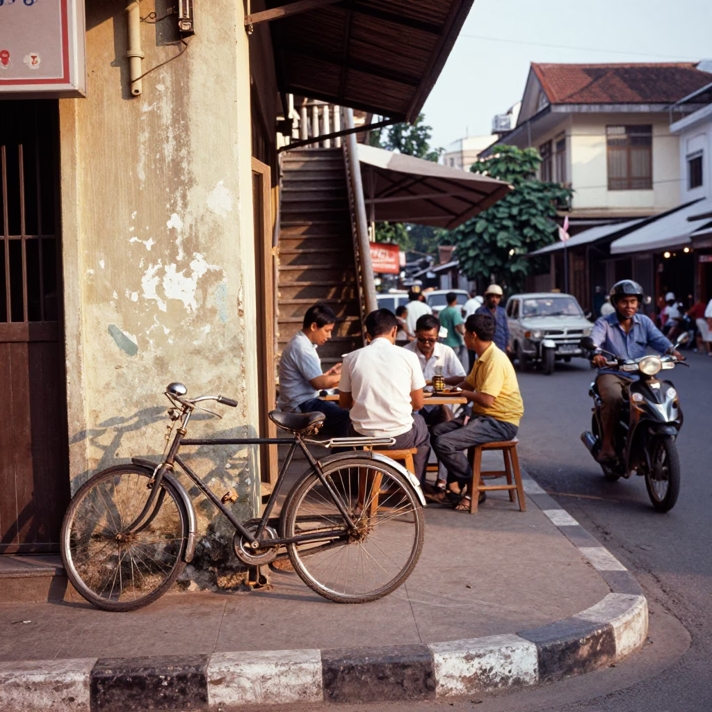 Busy 1960s Phnom Penh Street Scene with Bicycle and Stair Rail Details in in Phnom Penh, Cambodia