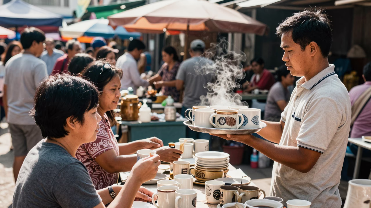 Busy 1960s Phuket Street Scene with Ceramic Mugs and Local Interaction in in Phuket, Thailand