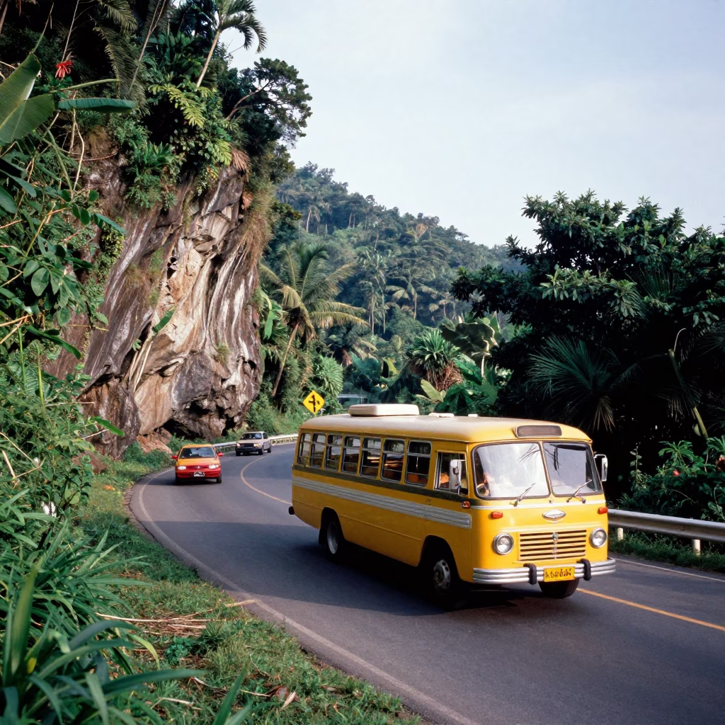 Busy 1960s Phuket Street Scene with Classic Bus and Local Life in in Phuket, Thailand