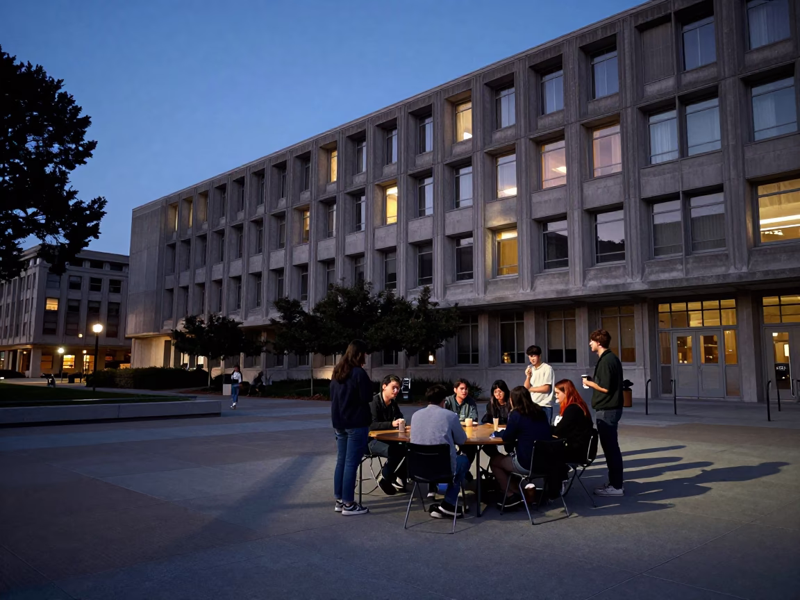 Busy 1960s San Francisco University Campus Twilight Scene with Concrete Brutalist Architecture in in San Francisco, California, United States