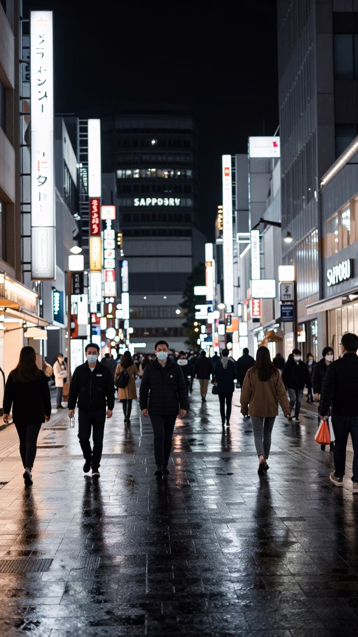 Busy 1960s Sapporo Night Street Scene with Glass Tumblers and Local Life in in Sapporo, Japan