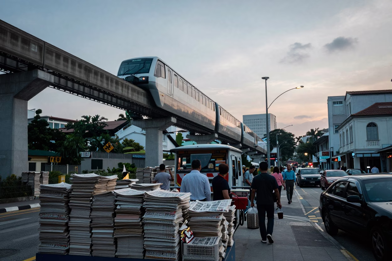 Busy 1960s Singapore street scene with newspaper stacks and monorail in in Singapore, Singapore