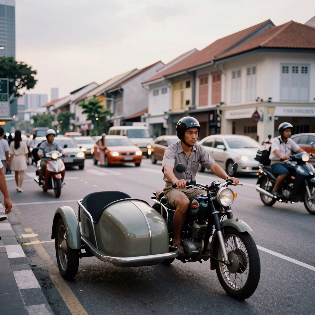 Busy 1960s Singapore street scene with vintage motorcycle and local commerce in in Singapore, Singapore