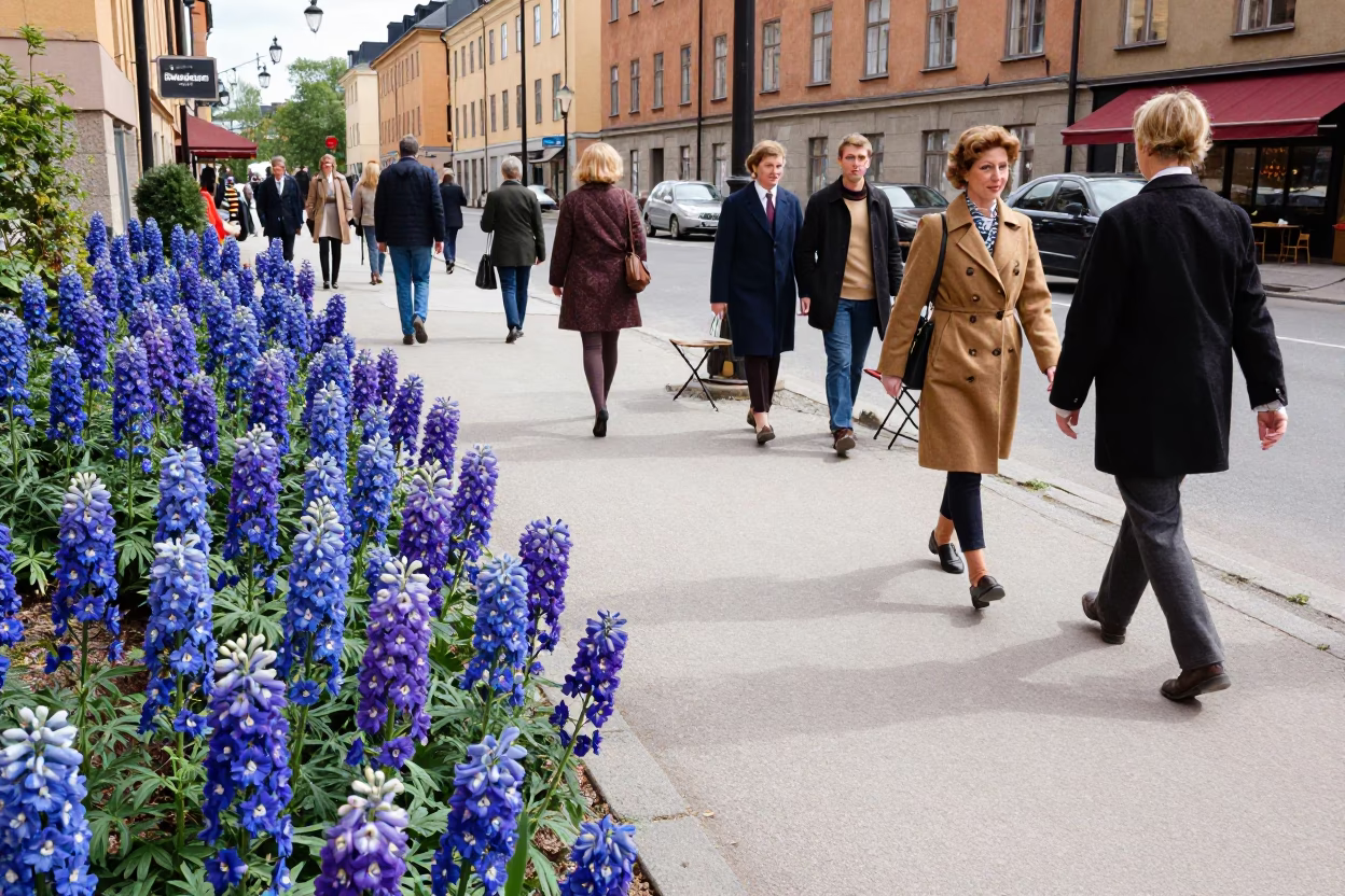Busy 1960s Stockholm Street Scene with Blue Delphinium Flowers and Vintage Cars in in Stockholm, Sweden