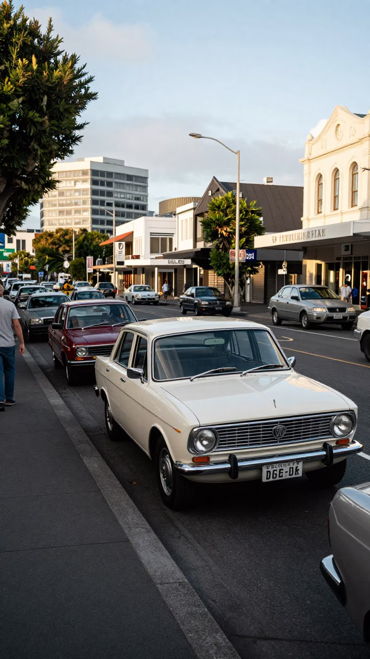 Busy 1960s Wellington New Zealand Street Scene with Vintage Cars and Water Tower Rooftop in in Wellington, New Zealand