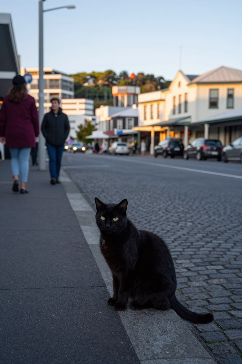 Busy 1960s Wellington Street Scene with Black Cat and Vintage Details in in Wellington, New Zealand