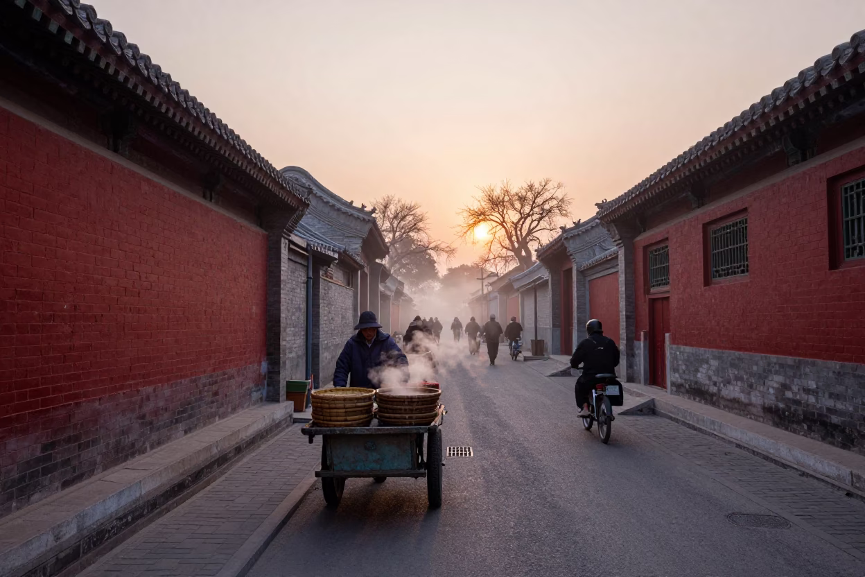 Busy 1970s Beijing Street Scene at Nautical Dawn with Vintage Bicycle and Traditional Architecture in in Beijing, China