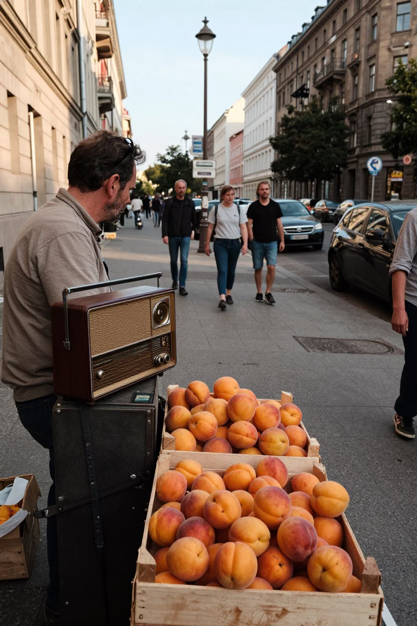 Busy 1970s Berlin Street Scene with Vintage Radio and Crate in Afternoon Light in in Berlin, Germany