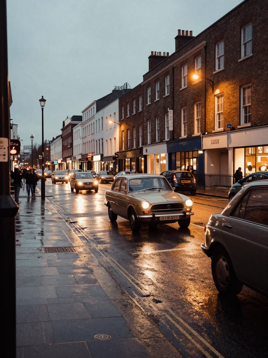 Busy 1970s Bristol Street Scene with Vintage Cars and Pedestrians in Early Evening Light in in Bristol, United Kingdom