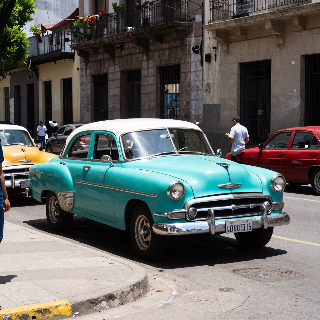 Busy 1970s Buenos Aires Street Corner with Vintage Car and Pedestrians at Midday in in Buenos Aires, Argentina