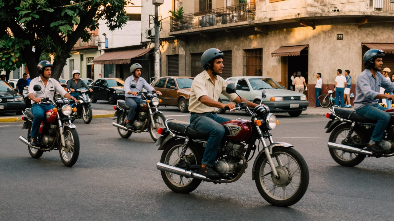 Busy 1970s Buenos Aires Street Scene with Motorcycle and Local Life in in Buenos Aires, Argentina