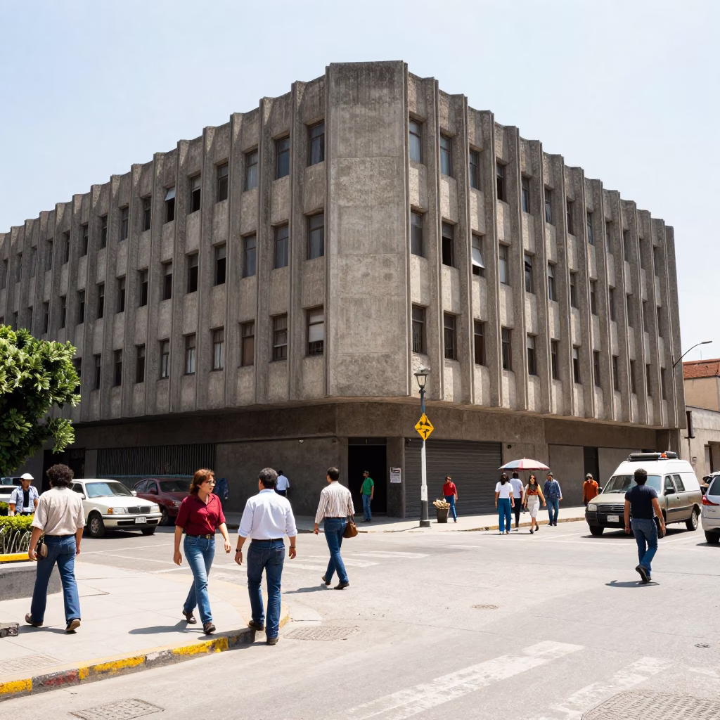 Busy 1970s Guadalajara Street Scene with Concrete Brutalist Architecture and Local Market Activity in in Guadalajara, Mexico