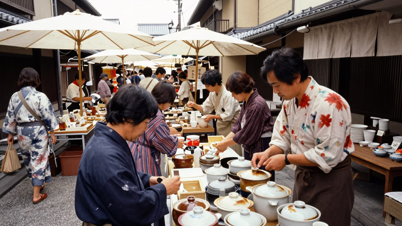 Busy 1970s Kyoto Street Market Scene with Tea Stains and Rusty Hooks in in Kyoto, Japan