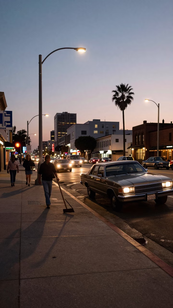 Busy 1970s Los Angeles Street Scene at Dusk with Crowbar and Wine Shop in in Los Angeles, California, United States