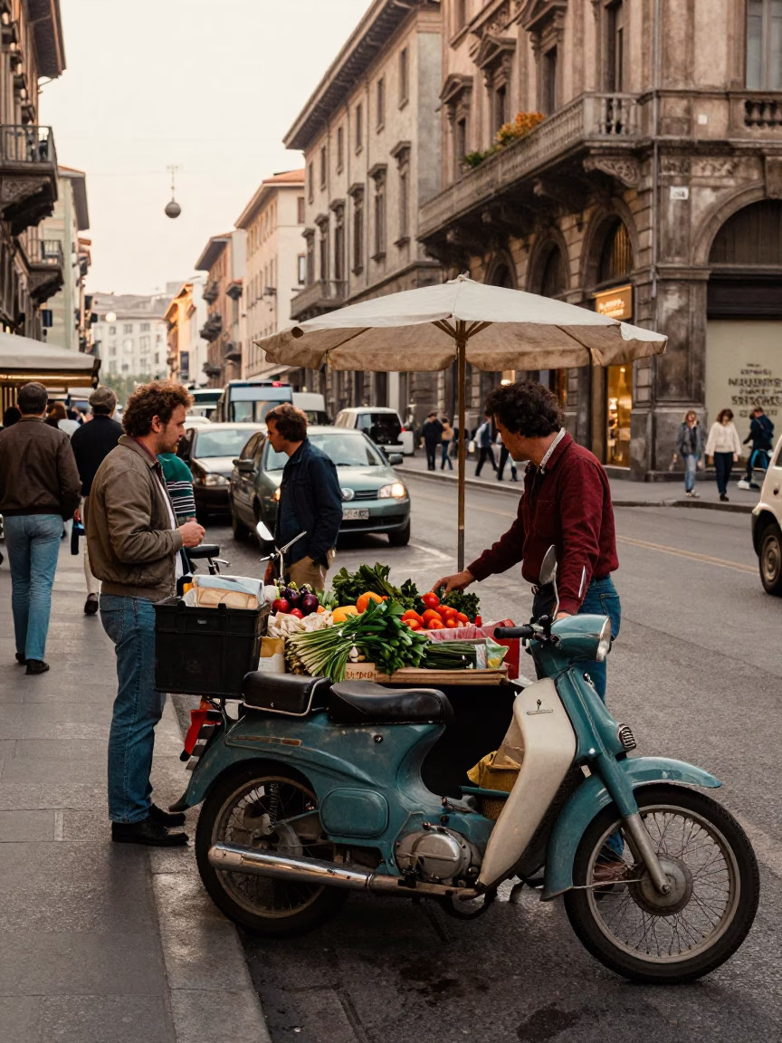 Busy 1970s Milan Street Scene with Vintage Motorcycle and Local Market Activity in in Milan, Italy