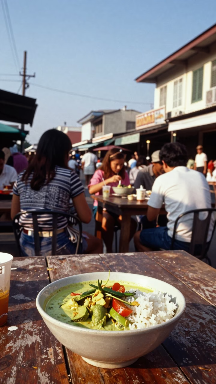 Busy 1970s Phuket Street Scene with Green Curry and Local Dining in in Phuket, Thailand