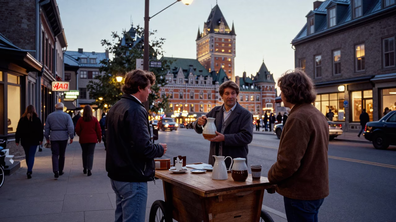 Busy 1970s Quebec City Evening Street Scene with Pitcher and Lamp Base in in Quebec City, Quebec, Canada