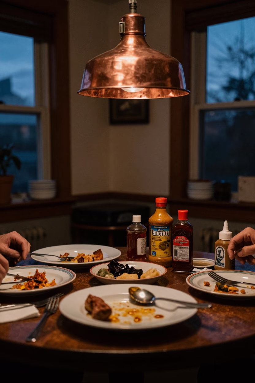 Busy 1970s Seattle Early Evening Interior Scene with Copper Tray and Porcelain in in Seattle, Washington, United States
