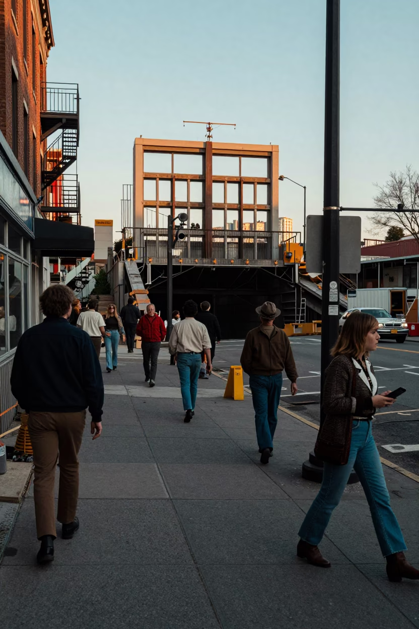 Busy 1970s Seattle Street Scene with Levee Floodgate and Plywood Stacks in in Seattle, Washington, United States