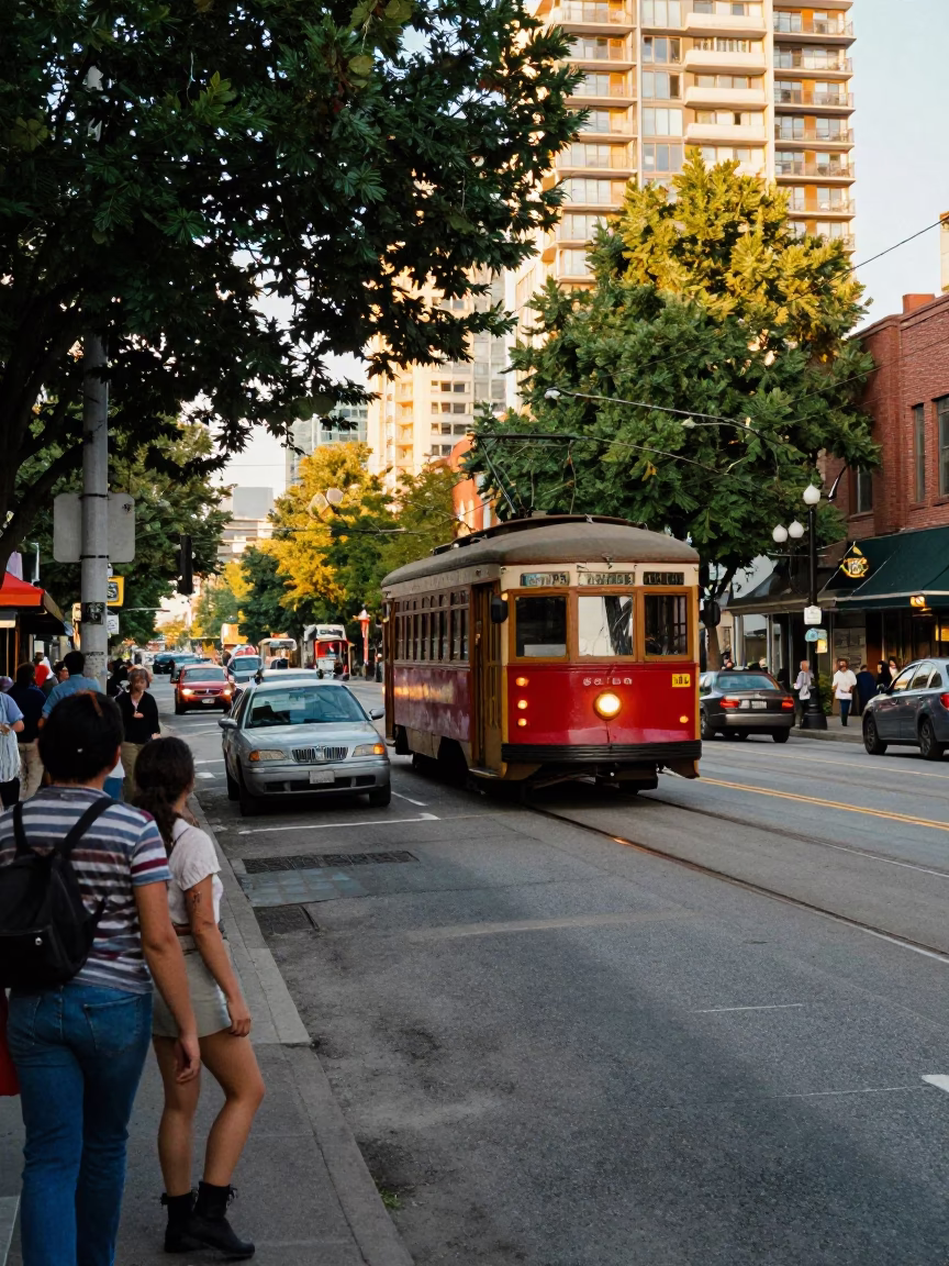 Busy 1970s Vancouver Street Scene with Old Trolley and Scarf Wearer in in Vancouver, British Columbia, Canada