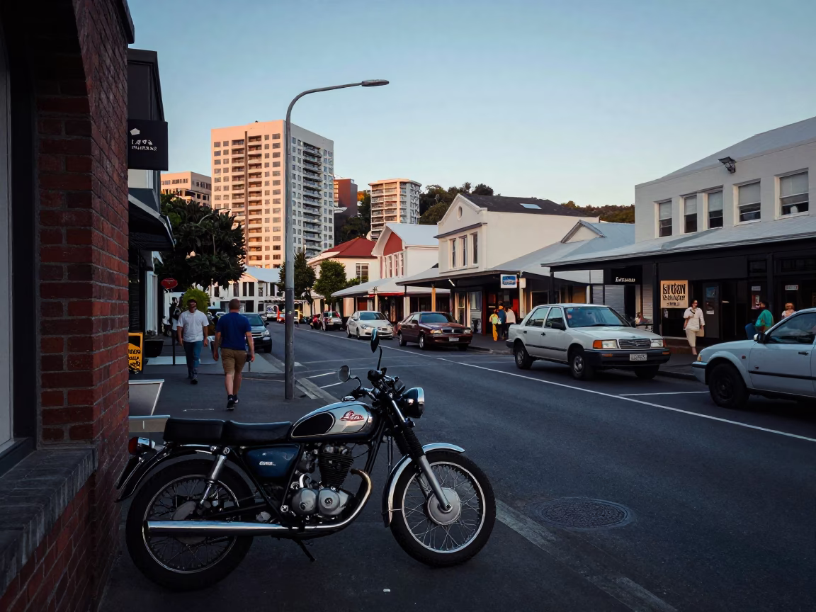 Busy 1970s Wellington Street Scene with Vintage Motorcycle and Local Market Stalls in in Wellington, New Zealand