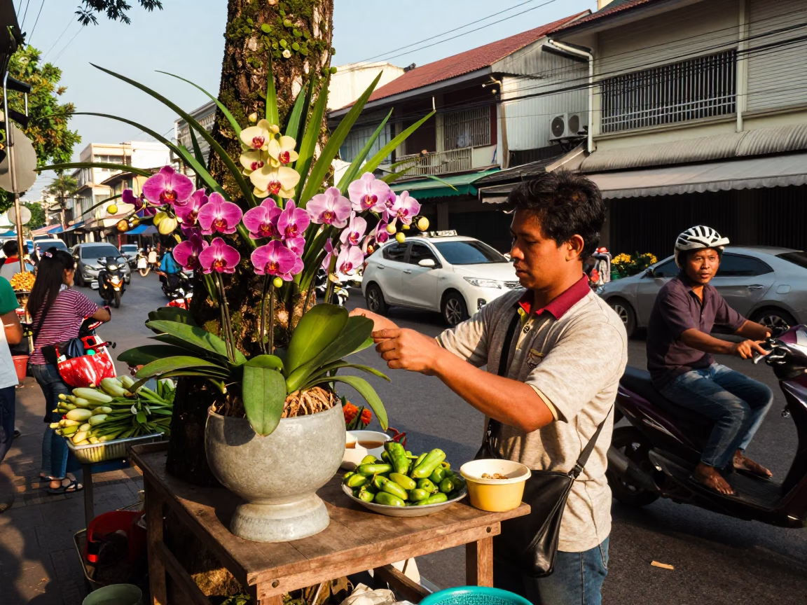 Busy 1980s Bangkok Street Scene with Tropical Orchids and Local Market Activity in in Bangkok, Thailand