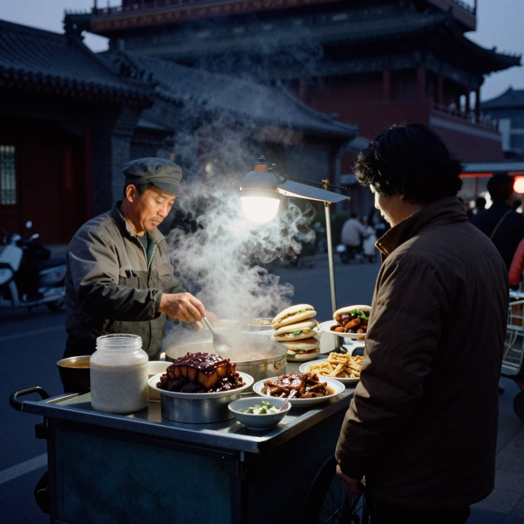 Busy 1980s Beijing Morning Street Scene with Food Vendor and Raincoats in in Beijing, China