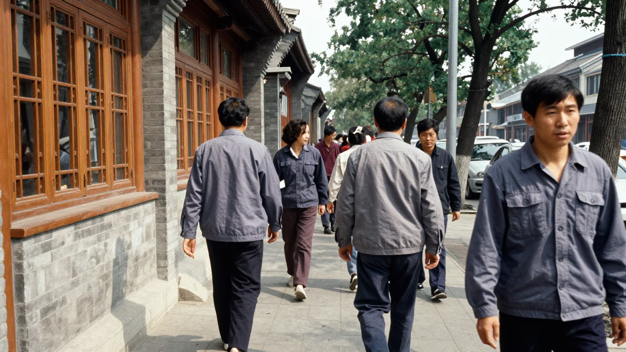 Busy 1980s Beijing street scene with pedestrians and traditional architecture in in Beijing, China